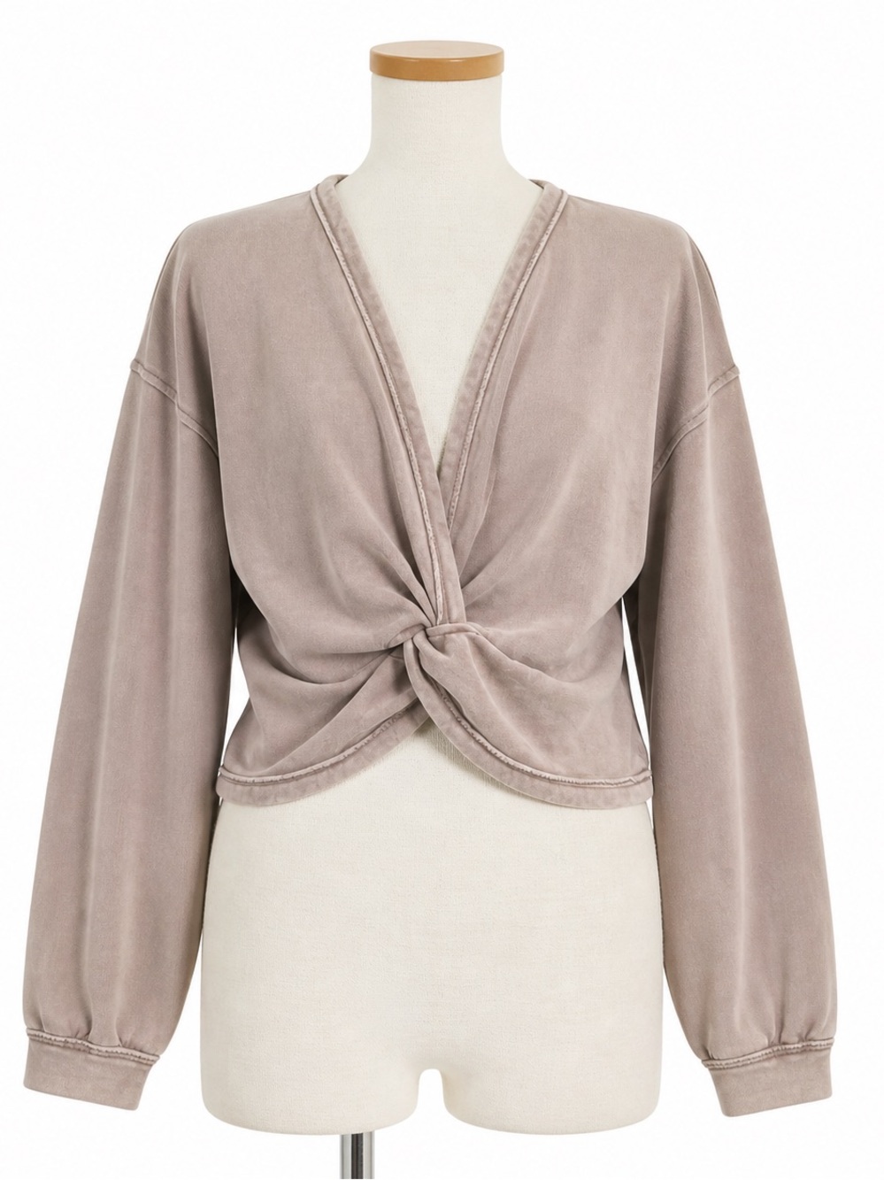 Ocean Drive Twist-Front V-Neck Sweatshirt in Taupe